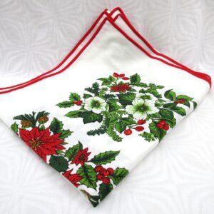 Vintage 80s Christmas Polyester Tablecloth Rectangular Poinsettia Fir Cones Holly Image