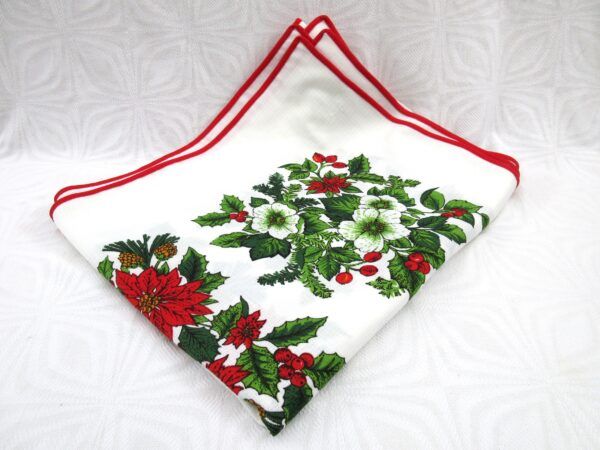 Vintage 80s Christmas Polyester Tablecloth Rectangular Poinsettia Fir Cones Holly Image