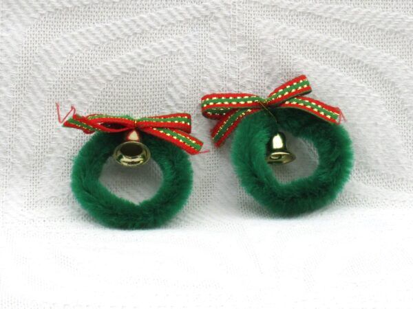 Vintage 90s Christmas Decorations Mini Green Wreath Ribbon Bell Ornaments Image