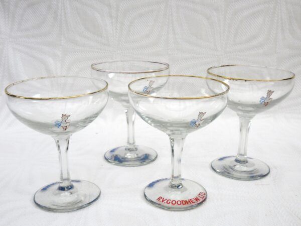 Vintage Babycham Glasses x4 White Fawn Hexagonal Stem 1950s R V Goodhew Image