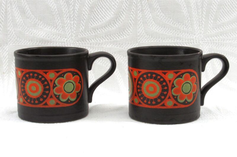 Vintage Kiln Craft Hermes Black Orange Coffee Mugs x2 Staffordshire Pottery 1970s Image