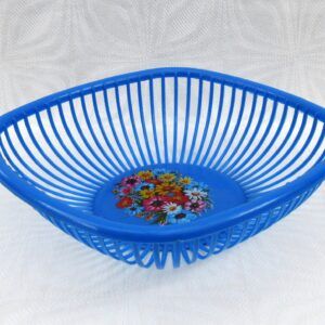 Vintage Lega Italian Blue Plastic Square Basket Floral Design 1970s Image