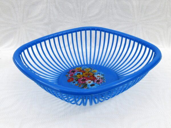 Vintage Lega Italian Blue Plastic Square Basket Floral Design 1970s Image