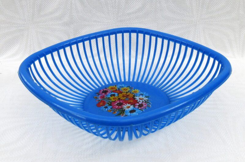 Vintage Lega Italian Blue Plastic Square Basket Floral Design 1970s Image