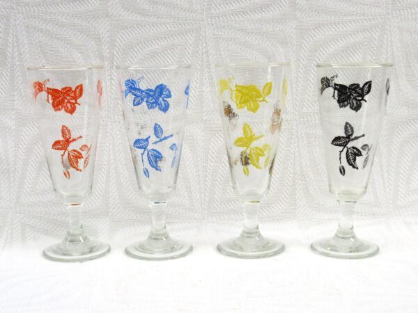 Vintage Multicoloured Small Flutes Drinking Glasses Vine Leaf 50s 60s Image