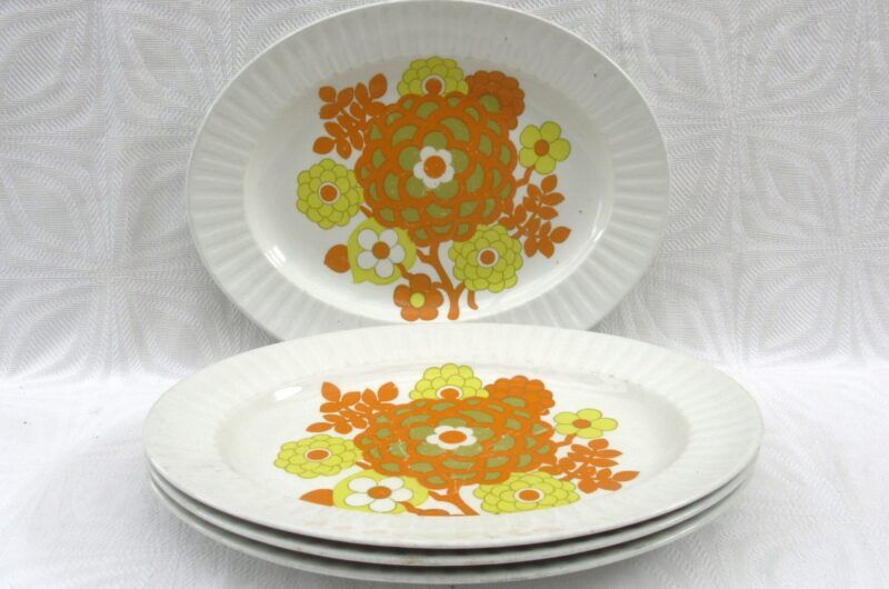 Vintage Orange Flower Power Alfred Meakin x4 Oval Steak Plates Platters 1970s Image