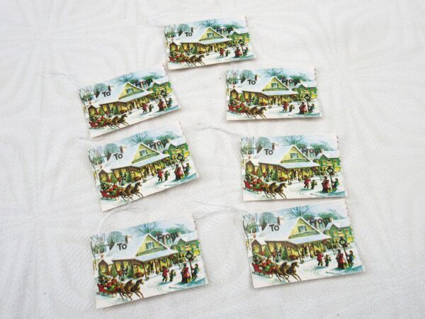 Vintage Original 1970s Christmas Gift Tags x6 Victorian Snow Scene Image