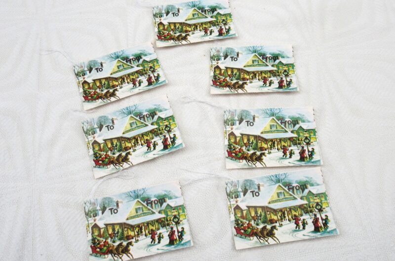 Vintage Original 1970s Christmas Gift Tags x6 Victorian Snow Scene Image