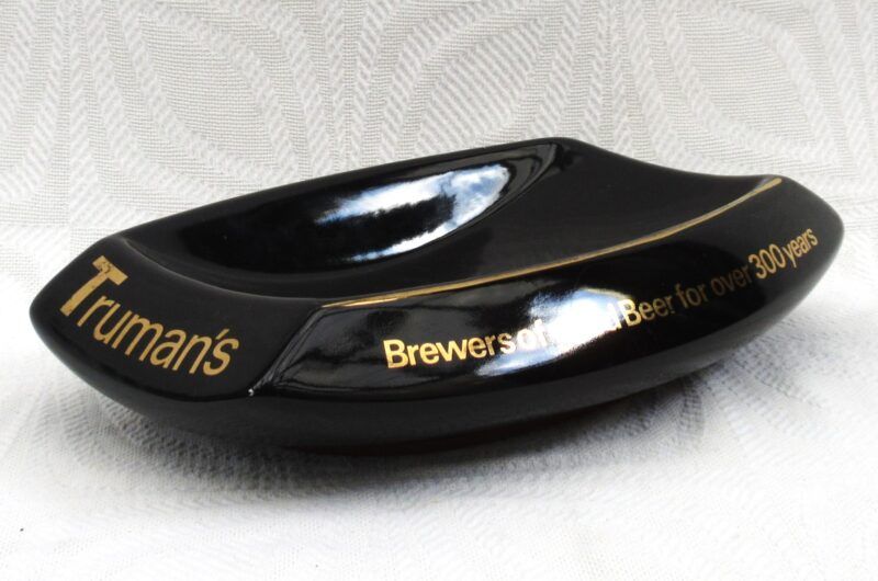 Vintage Trumans Beer Black Ceramic Pub Ashtray Black Gold Trim 50s 60s Image