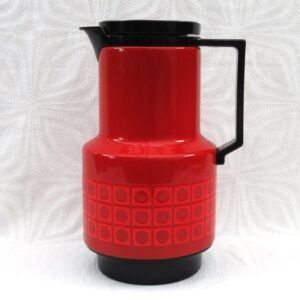 Vintage Red Patterned Enamel Thermos Coffee Jug Vacuum Flask 70s 80s Image