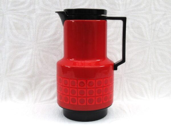 Vintage Red Patterned Enamel Thermos Coffee Jug Vacuum Flask 70s 80s Image