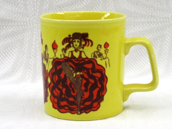 Vintage Staffordshire Pottery Yellow Mug Simone Mirman Can Can Dancers 60s 70s Image