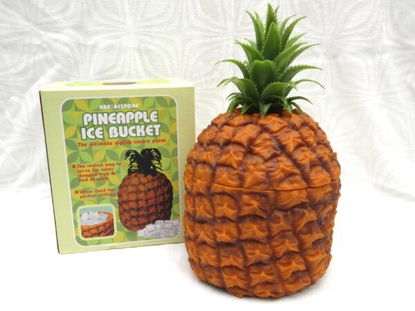 Vintage 60s 70s orange plastic pineapple ice bucket with green lid – retro barware décor
