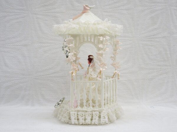 Vintage Wedding Cake Topper Bride Groom Plastic Pergola Lace 1970s - Image 2