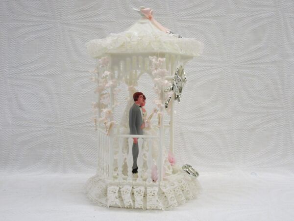 Vintage Wedding Cake Topper Bride Groom Plastic Pergola Lace 1970s - Image 5