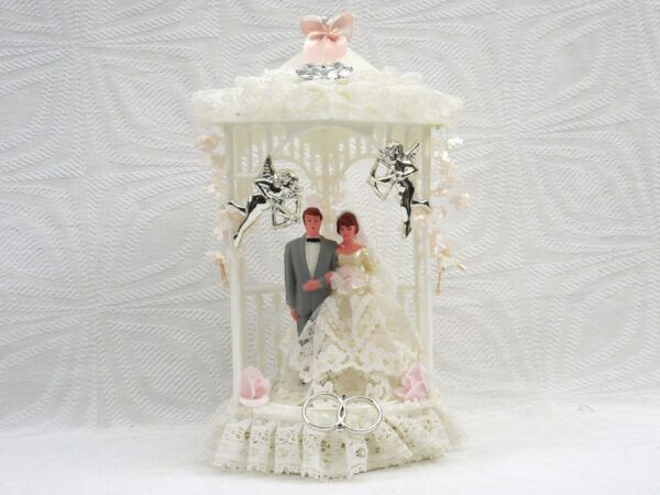 Vintage Wedding Cake Topper Bride Groom Plastic Pergola Lace 1970s Image