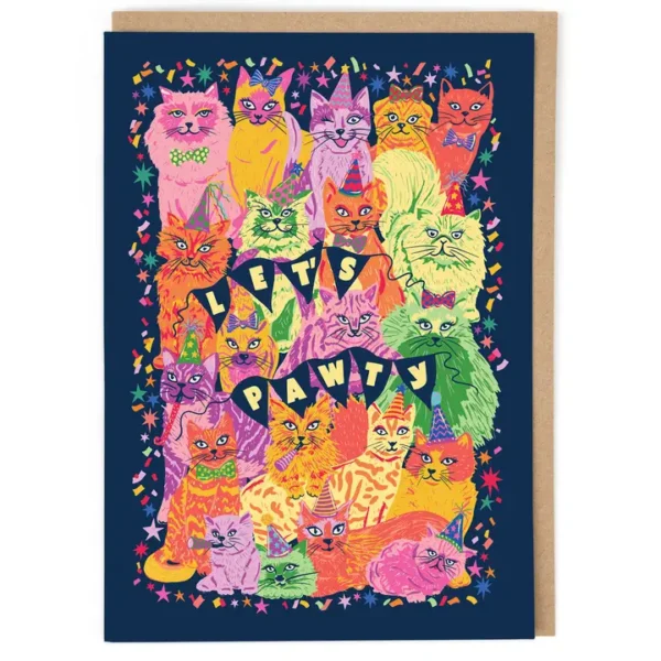 Vintage Cath Tate Birthday Card Cats Lets Pawty Psychedelic Lost Plots Image