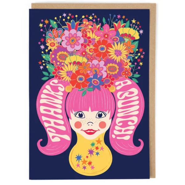 Vintage Cath Tate Thank You Card Pigtail Flower Girl Psychedelic Lost Plots Image