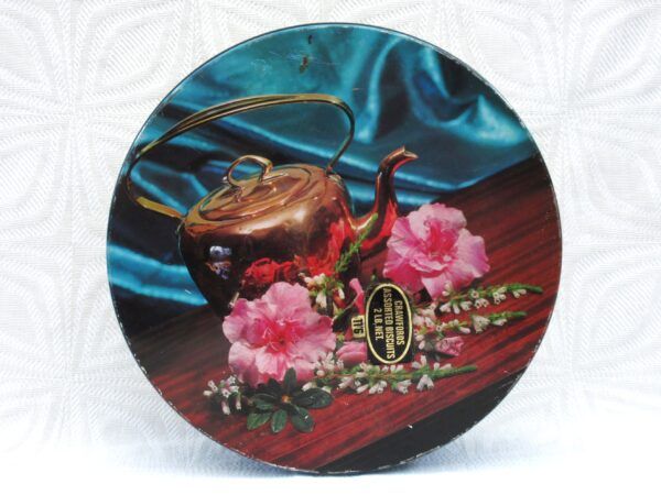 Vintage Crawfords Biscuit Tin Round Blue Photo Roses Kettle 1970s Image