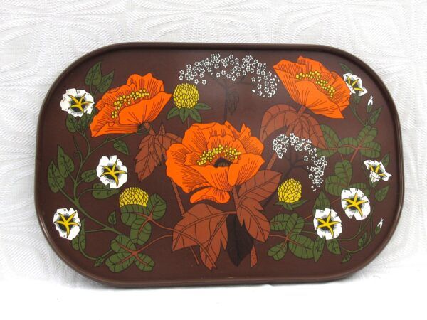 Vintage Marks and Spencer Melamine Tray Orange Poppy Brown 1970s Image