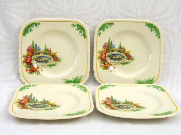 Vintage Staffordshire Spring Garden Square Tea Plates 30s 40s - Image 2