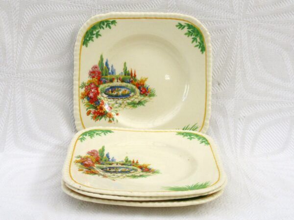 Vintage Staffordshire Spring Garden Square Tea Plates 30s 40s Image