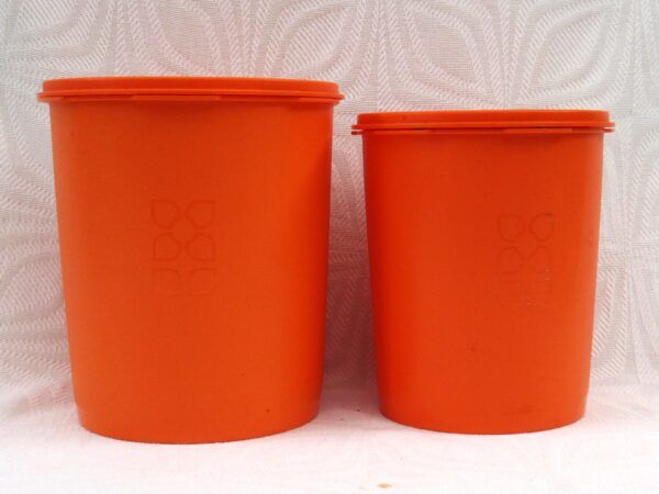 Vintage Tupperware Servalier Tall Storage Containers x2 Orange 1970s Image