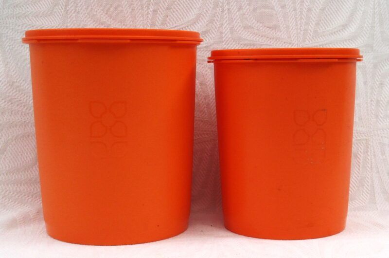 Vintage Tupperware Servalier Tall Storage Containers x2 Orange 1970s Image