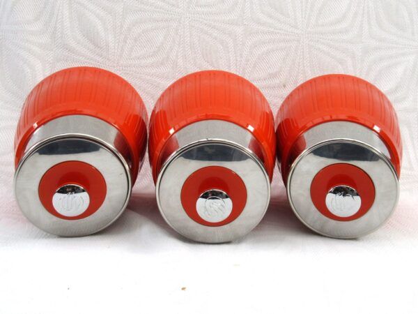 Modern Retro Style Chrome Orange Ribbed Kitchen Canister Set of 3 - Image 2