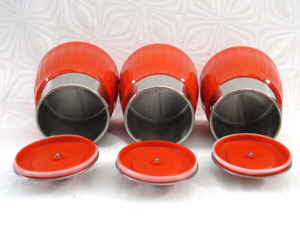 Modern Retro Style Chrome Orange Ribbed Kitchen Canister Set of 3 - Image 4