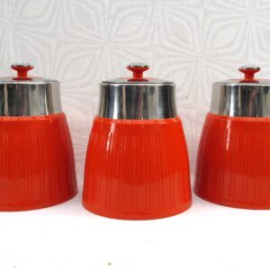 Modern Retro Style Chrome Orange Ribbed Kitchen Cannister Set of 3
