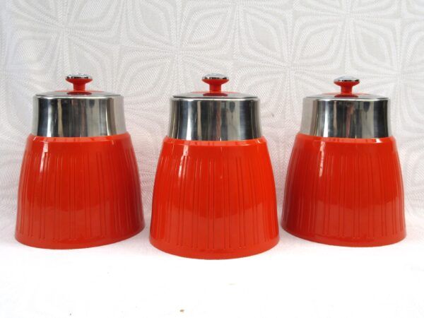Modern Retro Style Chrome Orange Ribbed Kitchen Cannister Set of 3