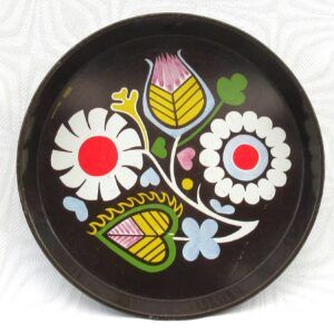 Vintage Giftcharm Round Tin Tray Folk Floral Brown 60s 70s