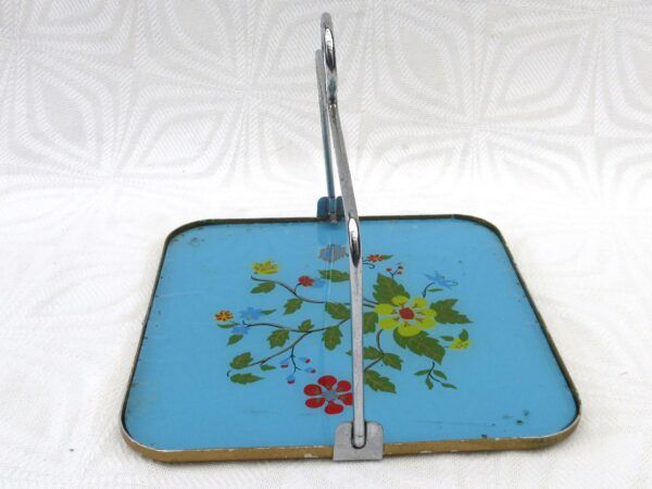 Vintage Reverse Painted Floral Glass Cake Stand with Wire Swing Handle 50s - Image 2
