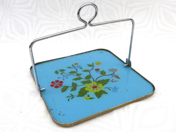 Vintage Reverse Painted Floral Glass Cake Stand with Wire Swing Handle 50s
