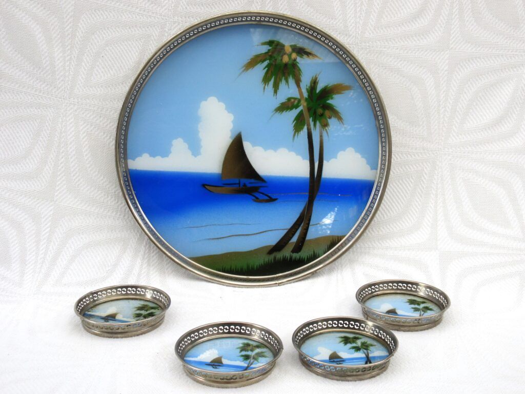 Vintage Reverse Painted Glass Tray Coasters Set Tropical Island 50s 60s