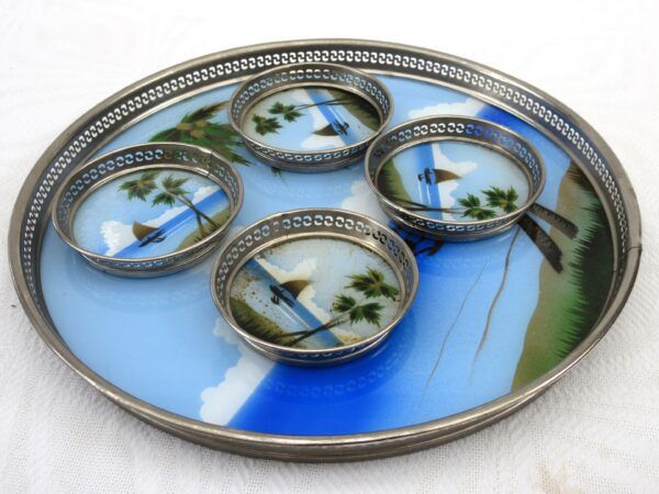 Vintage Reverse Painted Glass Tray Coasters Set Tropical Island 50s 60s - Image 3