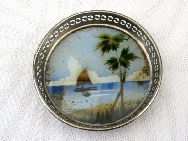 Vintage Reverse Painted Glass Tray Coasters Set Tropical Island 50s 60s - Image 4