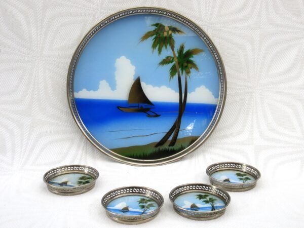 Vintage Reverse Painted Glass Tray Coasters Set Tropical Island 50s 60s