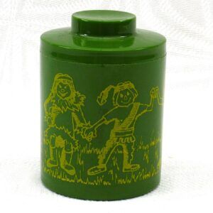 Vintage Scandinavian Green Plastic Pot Childrens Folk Illustration 70s