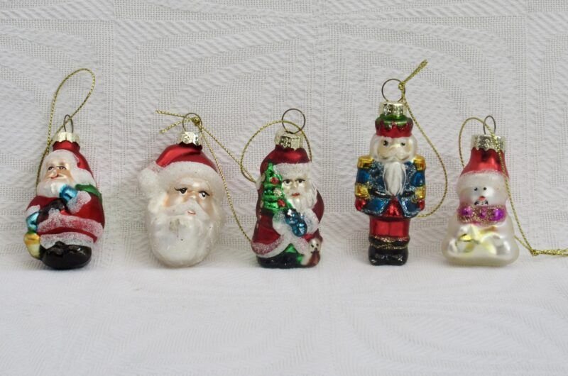 Vintage Christmas Decorations Glass Baubles x5 Santa Snowman Nutcracker Image