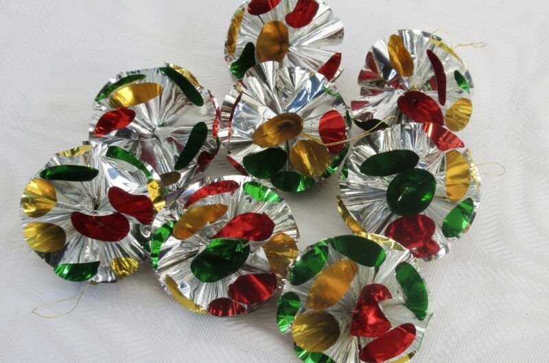 Vintage 70s 80s Christmas Decorations Foil Baubles Multicoloured x8 Image