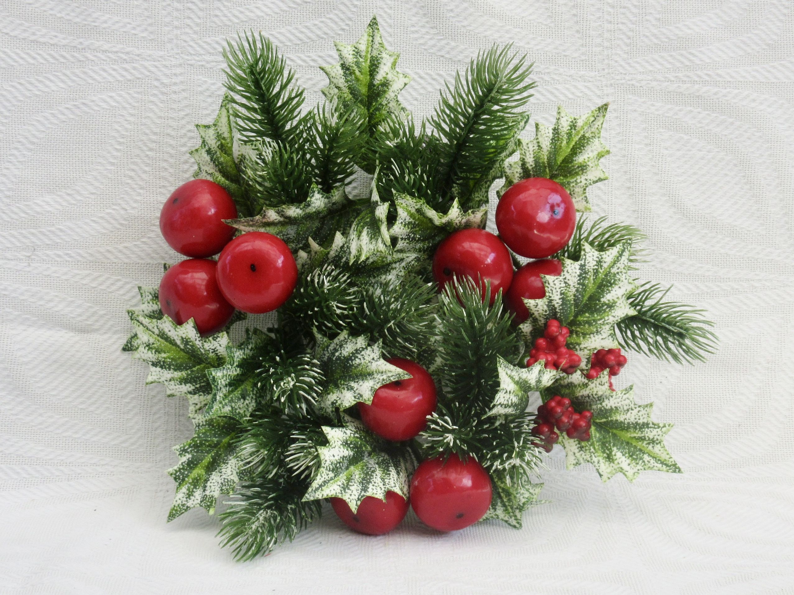 Vintage 80s Christmas Decorations Plastic Wreath Holly Apples Berries Image