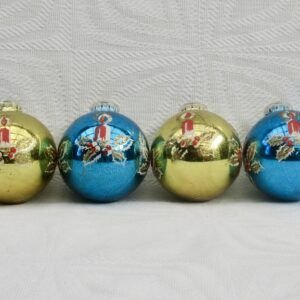 Vintage 80s Christmas Decorations x4 Glitter Blue Gold Image
