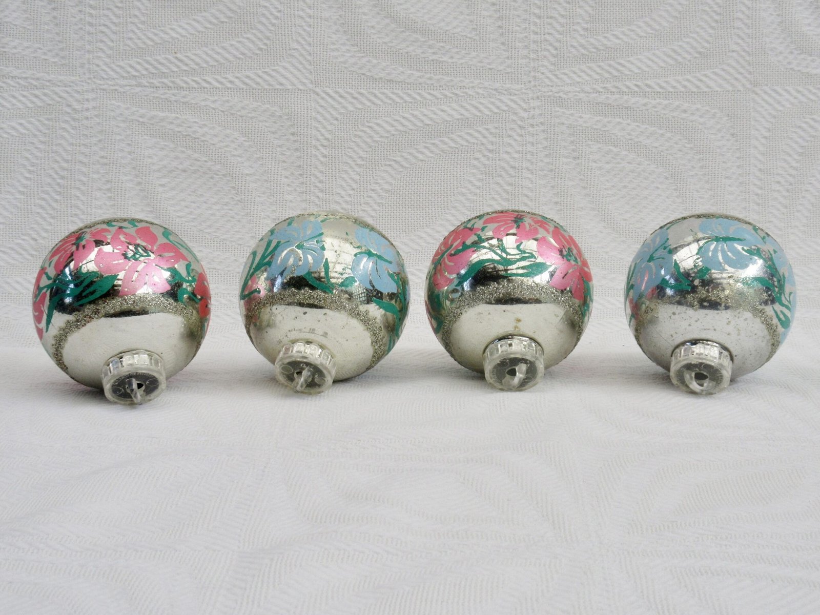 Vintage 80s Christmas Decorations x4 Plastic Silver Pastel Floral - Image 2