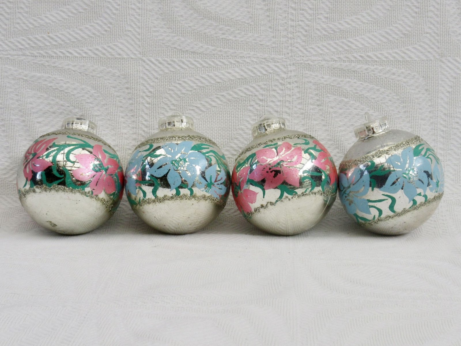 Vintage 80s Christmas Decorations x4 Silver Pastel Floral Image