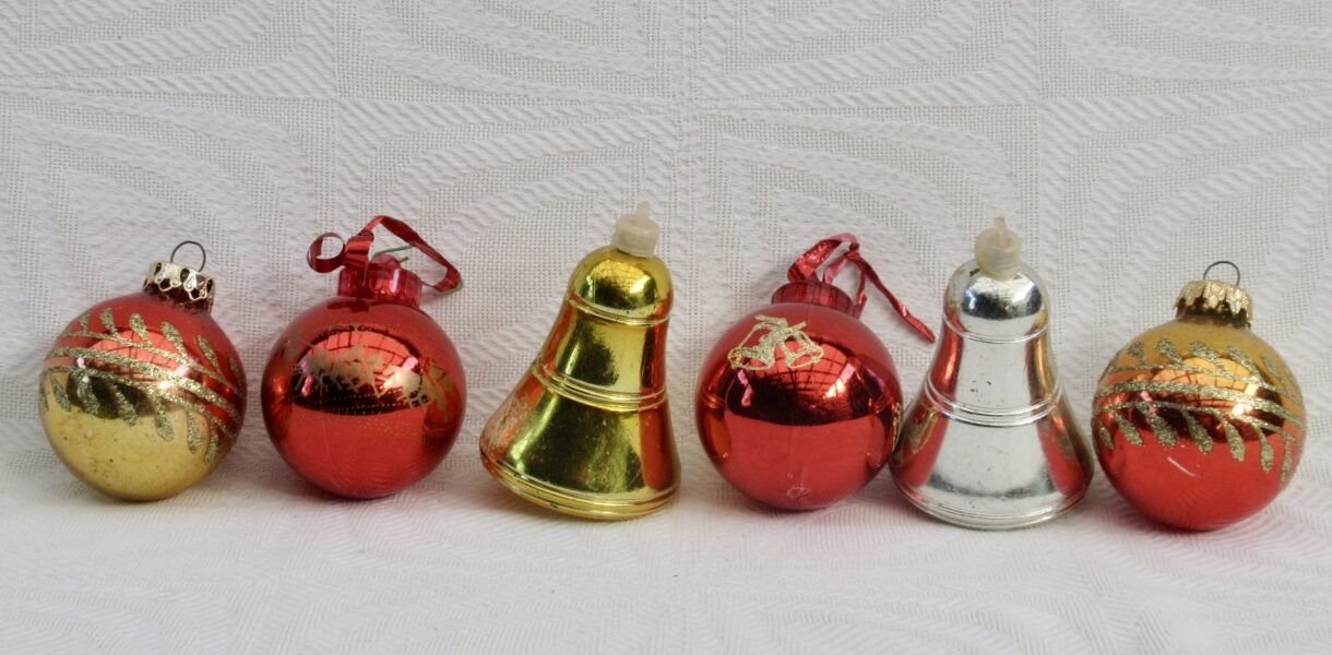 Vintage 80s Christmas Decorations x6 Red Gold Baubles Bells Plastic Glass Image