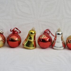 Vintage 80s Christmas Decorations x6 Red Gold Baubles Bells Plastic Glass Image