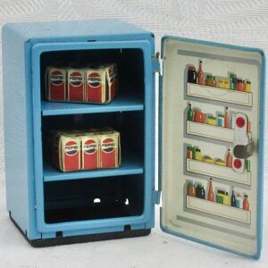 Vintage Blue Metal Fridge Toy Dolls Pretend Play Pepsi Cans 60s 70s Image