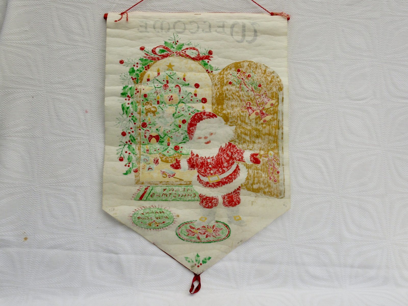 Vintage Christmas Decorations Santa Welcome Door Hanging Parchment Scroll - Image 3
